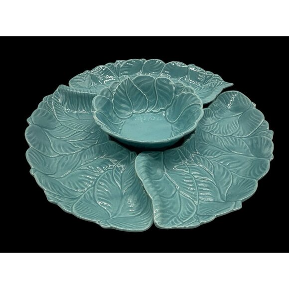 California Pottery 4 piece Turquoise Chip and Dip Set Made in USA MCM Serveware - Picture 2 of 15